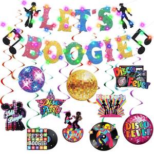lot 30976 image: Epakh 35 Pcs 70s Disco Party Decorations with LED Color Lights 70s Party Banner and Hanging Swirls Disco Ceiling Hanging Decor for Back to Birthday Rock Hippie Boogie Party Supplies - Retail $13