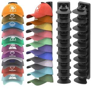 lot 46161 image: Hat Organizer for Baseball Caps Hold Up to 40 Hats, 2 Pack Hat Rack for Wall, Strong Adhesive Hat Storage Display Holder for Closet Door and Wall (Black) - Retail $19