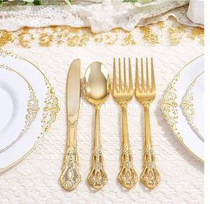 lot 46184 image: 40PCS Gold Plastic Silverware - Heavy Duty Elegant Disposable Utensils - Gold Plastic Cutlery Set Includes 20 Forks, 10 Spoons, 10 Knives for Dinner, Parties, Weddings - Retail $13