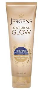 lot 46195 image: Jergens Natural Glow Firming Self Tanner Body Lotion, Fair to Medium Skin Tone, Sunless Tanning Moisturizer with Collagen and Elastin. Helps to Visibly Reduce Cellulite, 7.5 Fl Oz - Retail $12