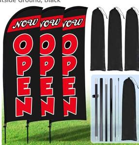 lot 46204 image: 3 Sets Now Open Feather Flag Pole Kit 7 ft for Business Advertising Open Flag Banner Sign with Pole Kit Ground Stake and Portable Bag for Outside Ground, Black - Retail $59