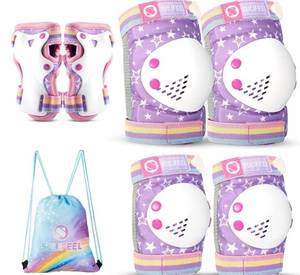 lot 46206 image: Rainbow Unicorn Knee Pads for Kids Knee Elbow Pads Wrist Guards with Drawstring Bag Adjustable Protective Gear Set for Girls Roller Skating Bike Cycling Skateboard Scooter Purple Medium - Retail $30