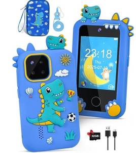 lot 46208 image: Kids Phone for Boys, Dinosaur Toy Phone Christmas Birthday Gifts for Boy Ages 3-10, Toddler Learning Phones with Touchscreen, 44 Game, Dual Camera, Music Player, 32GB Card & Dino Bag (Blue) - Retail $30