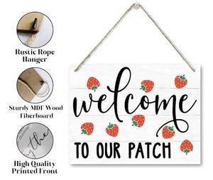 lot 46218 image: Welcome To Our Patch Sign, Strawberries Summer Decor, Rustic Wooden Plaque, 107.9 Inches, Hanging Decor for Home, Office, Garden - Retail $9