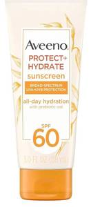lot 46228 image: Aveeno Protect  Hydrate Moisturizing Body Sunscreen Lotion with Broad Spectrum SPF 60 & Prebiotic Oat, Weightless & Refreshing Feel, Paraben-Free, Oil-Free, Oxybenzone-Free, 3.0 fl. ozMoisturizing, Body, Prebiotic Oat, Weightless, Refreshing Feel