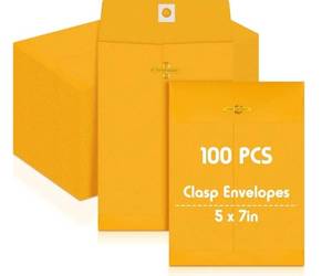 lot 46251 image: 100 Pcs 5 x 7 Manilla Envelopes Clasp Gummed Mailing Envelopes Clasp Closure 28 lb Kraft Paper for Document School Office Business Home - Retail $18