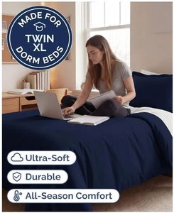 lot 46341 image: Duvet Cover TwinTwin XL Size Set - Extra Soft TwinTwin XL Duvet Cover 68 x 90 with 1 Pillow Sham - Hotel Luxury, Easy Care, Fade Free with Zipper Closures & Ties - Comfy & Breathable (Navy Blue) - Retail $25
