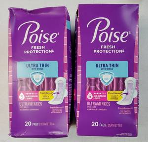 lot 46347 image: Poise Ultra Thin Incontinence & Postpartum Pads for Bladder Leaks, 7 Drop Ultra Absorbency, Long Length, 40 Count - Retail $29
