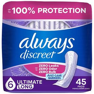 lot 46348 image: Always Discreet Incontinence and Postpartum Incontinence Pads for Women - Extra Heavy Absorbency - Long Length - 45ct - Retail $38