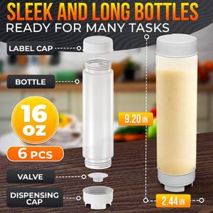 lot 46354 image: Inverted Condiment Squeeze Bottles 16 oz �� Upgraded Design with Added Sealing Gaskets, Self-Closing Valve, Easy-to-Fill Clear Bottles for Sauces, Dressings, 5 Pack. - Retail $19