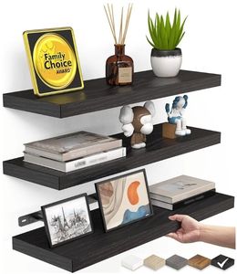 lot 46382 image: Floating Shelves for Wall, Wall Mounted Rustic Wood Shelves for Bathroom, Bedroom, Living Room, Kitchen, Hanging Shelf for BooksStorageRoom Decor with 22lbs Capacity (Black, Set of 3, 15.7in) - Retail $27
