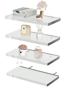 lot 46385 image: 4 Tier Acrylic Floating Shelves for Wall 15.5 Inch Clear Invisible Storage Set Wall Mounted Organizer for Bathroom Kitchen Living Room Bedroom Holds 15lbs - Retail $90