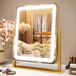 lot 46390 image: Vanity Mirror with Lights, 12.6�15 LED Makeup Mirror, Lighted Makeup Mirror with Lights, Smart Touch Control Dimmable 3 Modes Light, Lighted Up Mirror for Makeup Desk, Gold - Retail $36