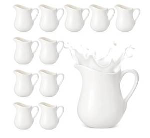 lot 46392 image: 12 Pcs 3 oz Small Creamer Milk Pitcher, Classic White Porcelain Creamer with Handle, Ceramic Maple Syrup Dispenser, Coffee Dairy Container for Milk Sauce Salad, Microwave - Retail $39