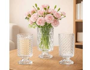 lot 46394 image: Set of 3 Embossed Glass Vase, 7 Clear Vases for Flowers Centerpieces, Wide Mouth Pedestal Vase with Big Base, Cylinder Candle Holder Glass Bouquet Vases for Table, Wedding Home Decor - Retail $26
