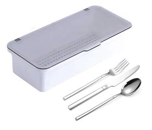lot 46395 image: 6Pcs Flatware Tray with Lid and Drainer, Plastic Silverware Storage Container for Kitchen Drawer and Countertop, Dishwasher-Safe Covered Cutlery Utensil Holder for Home RV Camping & Travel - Retail $26