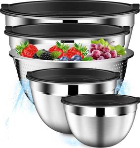 lot 46398 image: Mixing Bowls with Lids Set, Stainless Steel Mixing Bowls with Colander, Strainer with Mixing Bowl Set, Serving Bowl Kitchen Gift, Size 4.5, 2.5, 2, 1.5QT - Black - Retail $28