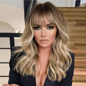 lot 46256 image: Blonde Wig with Bangs Dirty Blonde Wig for Women Long Wavy Curly Heat Resistant Fiber Synthetic for Daily Party Use (20inch) - Retail $26
