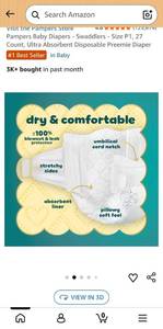 lot 46264 image: Pampers Baby Diapers - Swaddlers - Size P1, 27 Count, Ultra Absorbent Disposable Preemie Diaper(