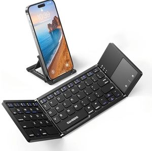 lot 46265 image: Foldable Bluetooth Keyboard with Touchpad - Portable Wireless Keyboard with Holder, Rechargeable Full Size Ultra Slim Pocket Folding Keyboards for Android Windows iOS Tablet & Laptop - Black - Retail $32