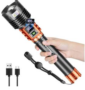 lot 46266 image: Rechargeable LED Flashlights High Lumens, Super Bright 90,000LM Rechargeable Flashlight with LCD Display, 5 Modes & Waterproof Powerful 10000mAh Handheld Flashlight for Camping Emergency Orange - Retail $50