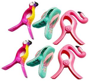 lot 46267 image: 6 Pieces Beach Towel Clips, Flip Flop Towel Holders, Flamingo Chair Clips, Parrot Clips, Clothes Pins in Prefect Size for Pool Loungers Blanket - Retail $12