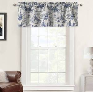 lot 46291 image: DriftAway Toile Linen Lined Valance Double Layer Thermal Room Darkening Blackout Window Valance Curtain for Kitchen Bathroom Farmhouse French Country Vintage Printed Pattern Single 52 x 18 Inch Navy - Retail $23