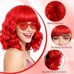 lot 46300 image: PLULON Red Wavy Bob Wig for Women, Colored Neon Funny Party Curly Bob Wigs Synthetic Hair for Valentines Day Christmas Halloween Cosplay Costume Bachelorette Party - Retail $15