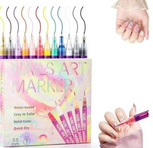 lot 46310 image: 12 Colors Nail Art Marker Pens Set, 2026 Upgraded Fine Tip (0.5mm) Nail Markers, Quick-Dry Nail Polish Pens for DIY Nail Art, DottingDrawingLiner, Nail Art Design Tools for Adult and Kids - Retail $9