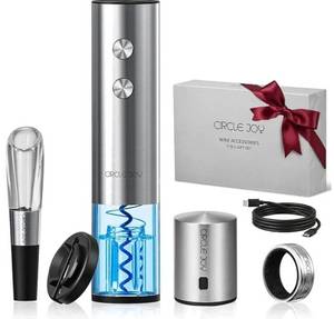 lot 46315 image: (387)CIRCLE JOY Electric Wine Opener Rechargeable 5-in-1 Stainless Steel Wine Gift Set with Foil Cutter, Wine Aerator Pourer, Wine Drip Ring & Vacuum Stopper, Ideal Gifts for Wine Lovers, Silver - Retail $30