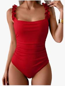 lot 46332 image: Womens One Piece Swimsuit Tummy Control Square Neck Bathing Suit Ruffle Straps Ribbed Swimwear,XXL - Retail $38