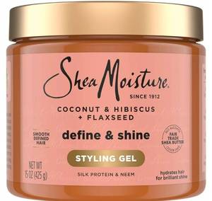 lot 46334 image: SheaMoisture Define & Shine Styling Gel  Flaxseed Coconut&Hibiscus Hydrates,Holds Your Style All Day Infused With Glycerin,Coconut Oil an Invigorating Sweet Scent ParabenFree Frizz Control Gel 15OZ - Retail $9