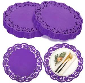 lot 46338 image: 200 Pcs Doilies Lace Paper Doilies 14 Inches Disposable Foil Lace Placemats Large Round Paper Pad Placemats for Cakes Crafts Wedding Birthday Party Decoration(Purple) - Retail $28