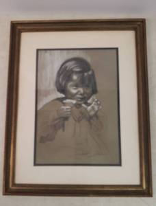 lot 4 image: Vintage Artist Signed PencilCharcoal Matted Art Work in Custom Frame Indian Girl with Icecream - 16in W x 20in T