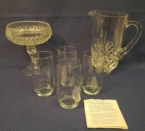 lot 6 image: N.O.S. Princess House Set of 4 Cut Crystal High Ball Glasses with Original Box, Vintage Crystral Pitcher 9in T, and Vintage Indiana Glass Diamond Point Pedestal Compote