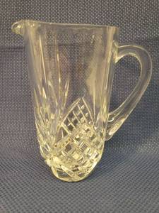 lot 6 image: N.O.S. Princess House Set of 4 Cut Crystal High Ball Glasses with Original Box, Vintage Crystral Pitcher 9in T, and Vintage Indiana Glass Diamond Point Pedestal Compote