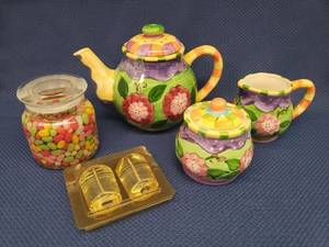 lot 7 image: Vintage Handpainted Ceramic Teapot and Cream & Sugar Set - Artist Signed, and NIB Jelly Beans Gel Jar Candle