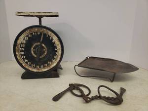 lot 8 image: Vintage Metal Montgomery Ward Family Scale, Metal Iron Stand, and Vintage Twisted Metal Horse SnaffleBit