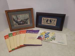 lot 11 image: Vintage 1945-1946 The New Illustrater Bible Study Guides, 1951 The Beloved Son Book, FramedMatted WELCOME Sign Art - 12in W x 7in T, and Original ChalkCharcoal Art with Bird - Double Matted in Oak Frame 11in W x 9in T