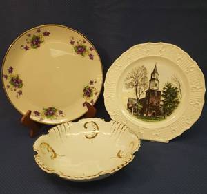 lot 13 image: Vintage Leneige 10.5in Porcelain Plate with Violets and Gold Trim, Vintage Stamped DRESDEN Console Bowl with Gold Embellishment 9.25in W, and Vintage Bruton Parish Church 10in Plate