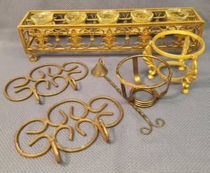 lot 17 image: Vintage Metal Wall Hooks, Candle Snuffer, Metal Globe Stands, and Table top MetalGlass Votive Lantern 19in L x 4ini W