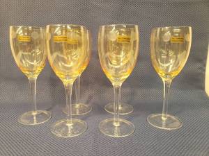 lot 18 image: Vintage Chroma Collection Irridescent GoldPink Polka Dot Cut Crystal Wine Goblets - UNUSED - All still have Original Stickers - 8.5in T x 3 18in W Base