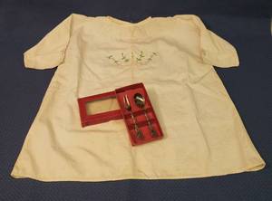 lot 19 image: Vintage Hand Embroidered Christening Gown and Vintage NIls John - Sweden - Silverplate Spoon & Fork in Original Box