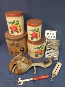 lot 24 image: Vintage Metal Canister Set, Kitchen Tools & Eagle Brand Hand Crank Kitchen Slicer