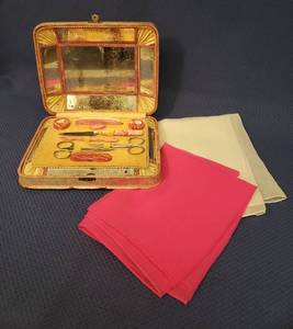 lot 25 image: Vintage Bakelite Dresser Manicure Set in Original Case and 2 Vintage Scarves