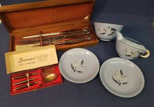 lot 27 image: Vintage Dormer of Sheffield, England Carving Set in Original Wood Box, Brass & Rosewood Utensil Set in Orginal Box from Thailand, and 4 Pieces of Vintage Skytone Serveware by Homer Laughlin