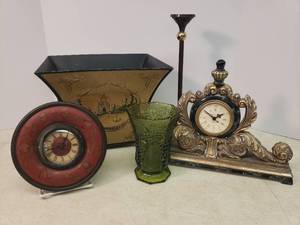 lot 28 image: Marble Style Design Mantle Clock 14in W x 10.25in T, Vintage Green Glass Panel Grape Vase 6.5in T, Lacquered Brass Candle Stick 14in T, Large Tole Design Metal Planter 12in W x 9.5in D x 9.5in T, and Mini Round Wall Clock with Wood Frame 7.25in W