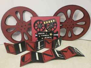 lot 29 image: Metal Home Movie RoomTheater Decor - Wall Plaque and Metal Cinema Signs & Reels - Reels are 16in W
