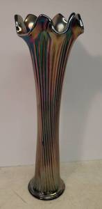 Vintage Fenton Fine Rib Swung Vase - Cobalt Blue Glass under Carnival Irridescent Treatment - 12.5in T