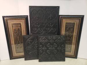 lot 31 image: Wall Art Plaques 2 Bronze Tones with Relief under Glass in Gold Embellished Frames - 11.5in W x 23.5in T, and Set of 3 Square Pressed Metal Wall Plaques - 14in x 14in